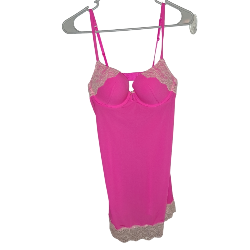 Victoria’s Secret Bright Pink Chemise Nightie with Bra 36B Padded Slip Style Y2K